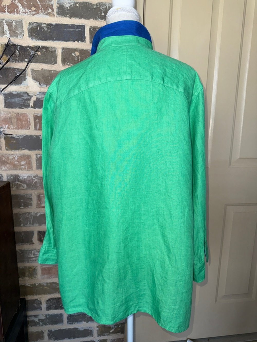 Lauren Ralph Lauren Linen Green Button Up Shirt Blue Contrast Trim Logo Crest 1X - Picture 2 of 12